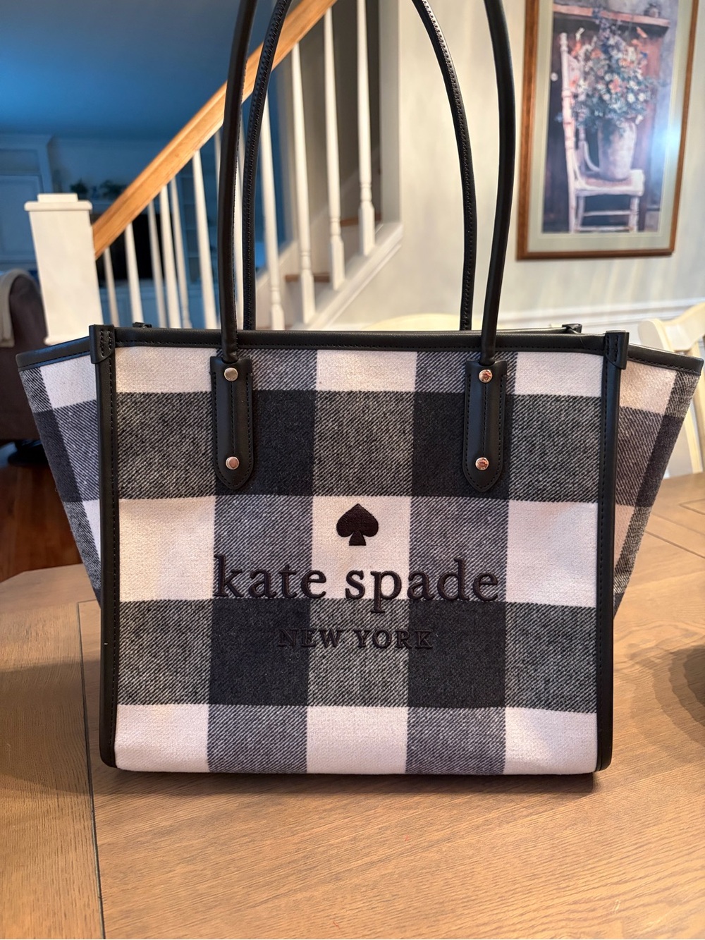 kate spade Black and White Plaid Canvas Tote with Logo